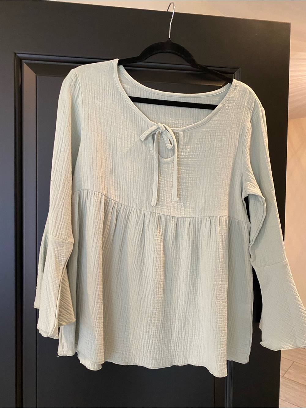 Light Sage Tie-Neck Long Sleeve Babydoll Top - Women